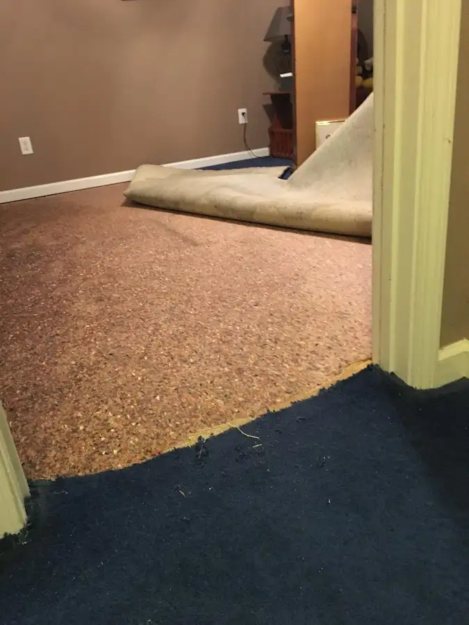 Carpet pad removal revealing water damage during Drying & Dehumidification in New Ipswich